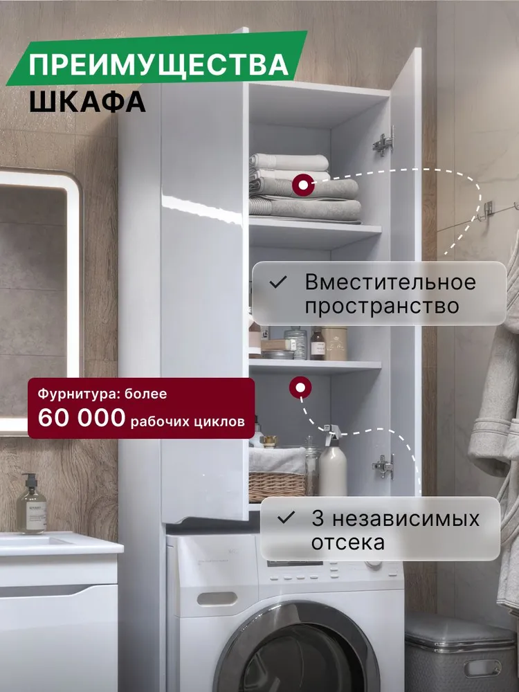Шкаф под стиральную машину VIGO Grani 640 напольный, 64х35.9х199 см, белый, глянцевый, петли с механизмом плавного закрывания, интегрированные ручки, шкаф для ванной комнаты комбинированный, 64x35.9x199 см, фото 2