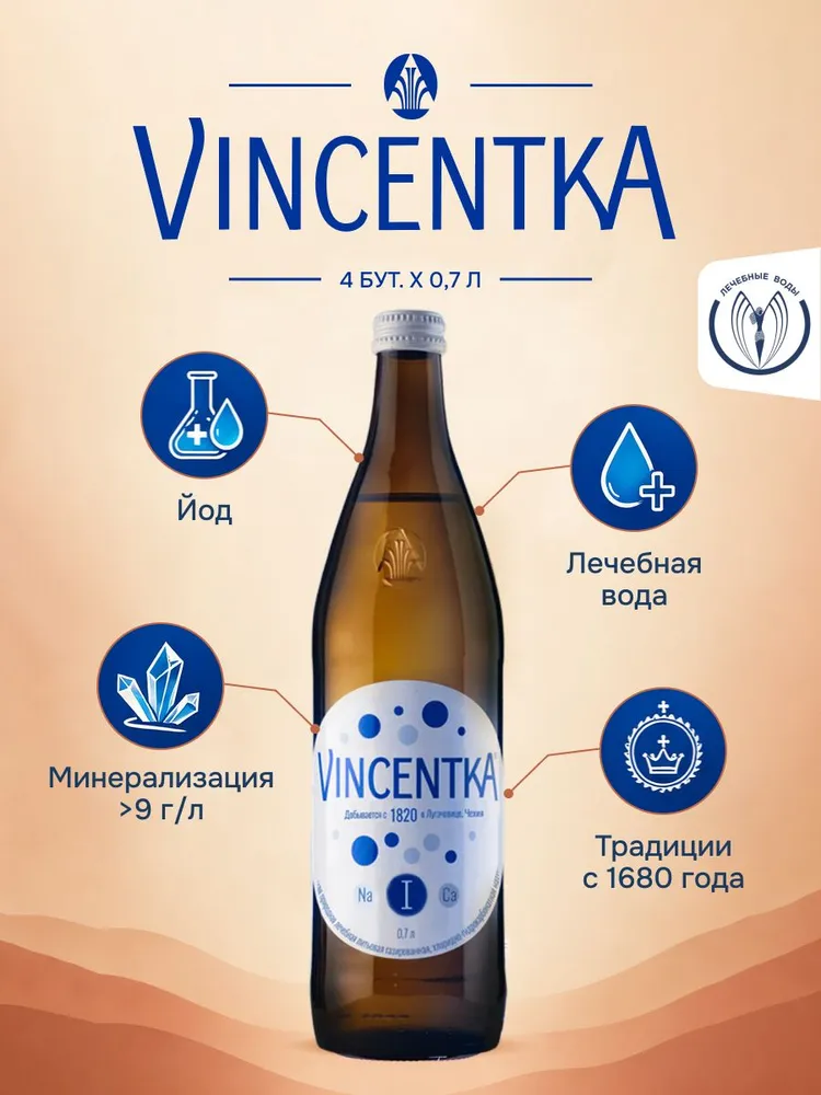 Минеральная лечебная вода Винцентка (Vincentka), с йодом 0,7 л х 4 шт, при йододефиците, 700 мл, 4 шт