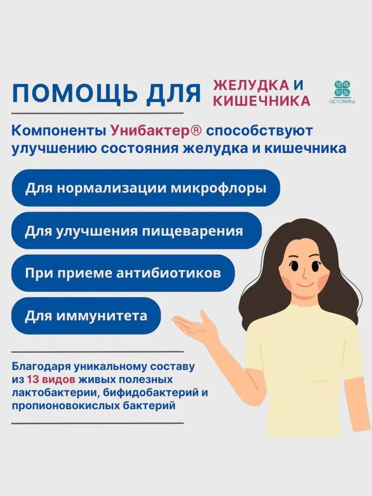 Унибактер, синбиотик для ЖКТ, мультипробиотик, пробиотик, пробиотики для взрослых, 60 капс., вариант, фото 2