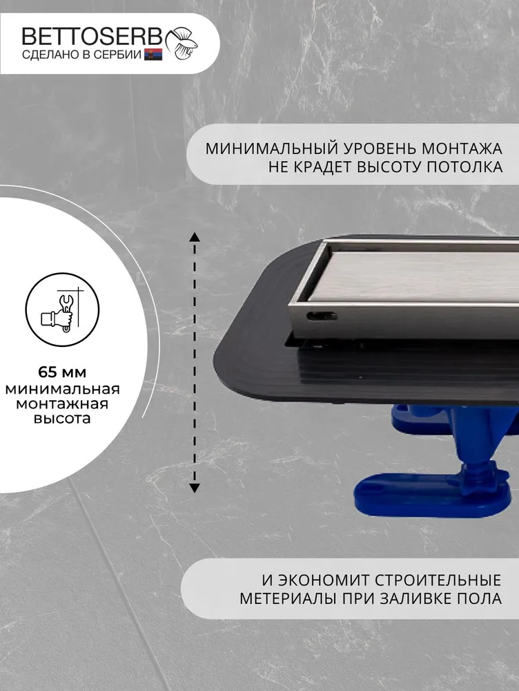 Трап для душа под плитку BETTOSERB СЕРИЯ ПРЕМИУМ 850 с комбинированным затвором, регулируемая дизайн вставка, нержавейка AISI 304 - 5мм, пропускная способность до 100 литров в минуту, вариант, фото 3