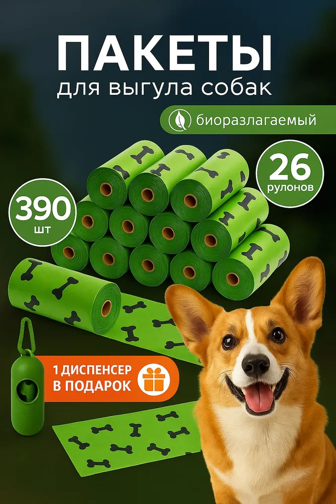 Пакеты для выгула собак биоразлагаемые, гигиенические, набор 390 шт. Welhome Pet, 390 шт