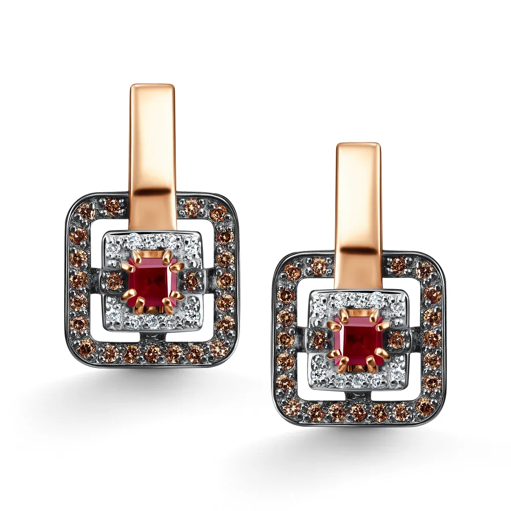 Золотые серьги DIAMANT-ONLINE с бриллиантом, рубином и коньячным бриллиантом 585 пробы, золотой