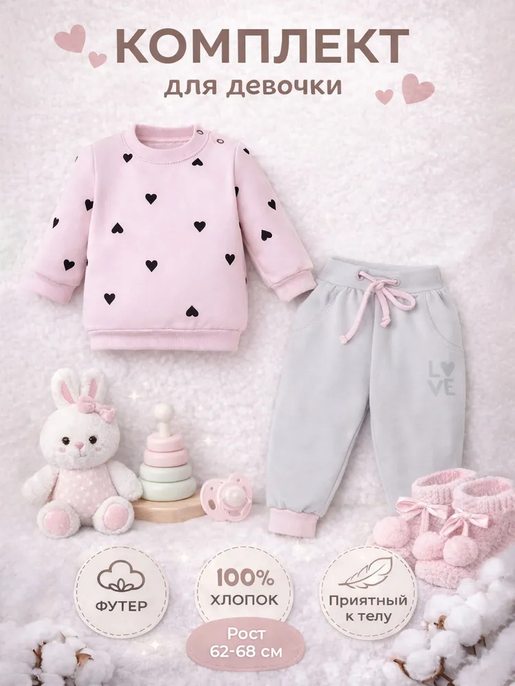 Костюм для девочки Крошка Я, комплект кофта и штаны, сердечки, футер с начесом, хлопок, 62-68 см