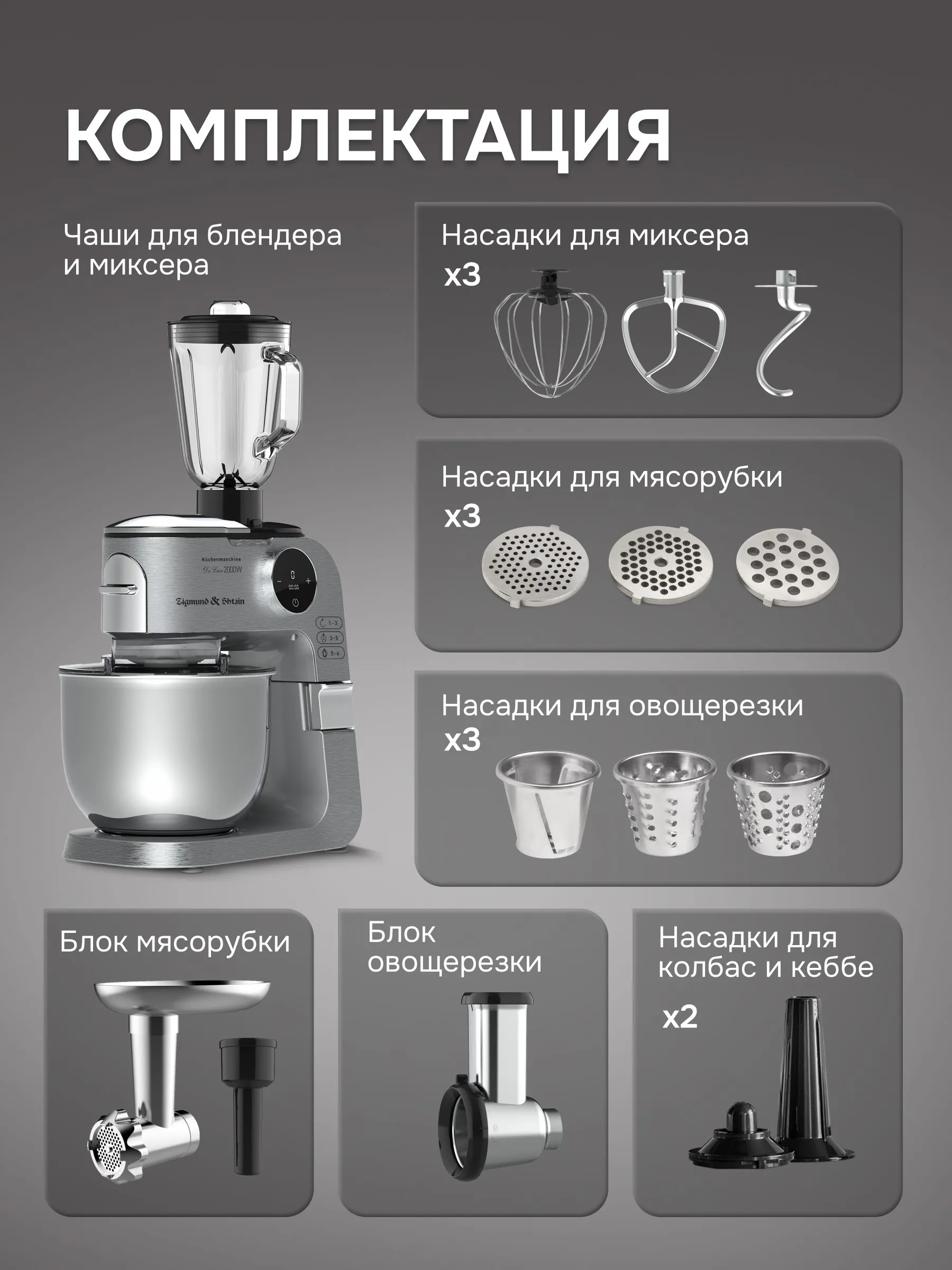 Кухонный комбайн Zigmund & Shtain De Luxe ZKM-1100 сенсорная 4в1 с мясорубкой, овощерезкой, блендером #16