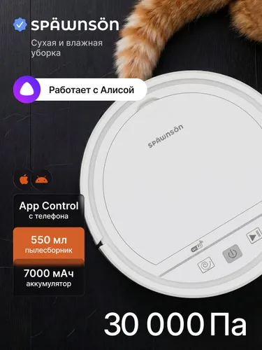 Робот-пылесос с влажной уборкой, Wi-Fi, управление через приложение, Яндекс Алиса, 30000 Па
