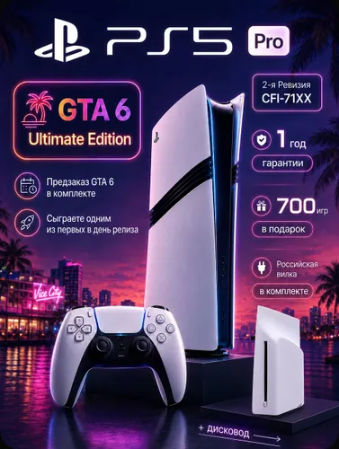 Sony PlayStation 5 Pro GTA 6, 2 ревизия, 2TB, с дисководом, 700 игр, гарантия 1 год, российская вилка (Сони Плейстейшен PS5 PS 5 ПС5 ПС 5 Про игровая приставка консоль Плестейшен 2ТБ)