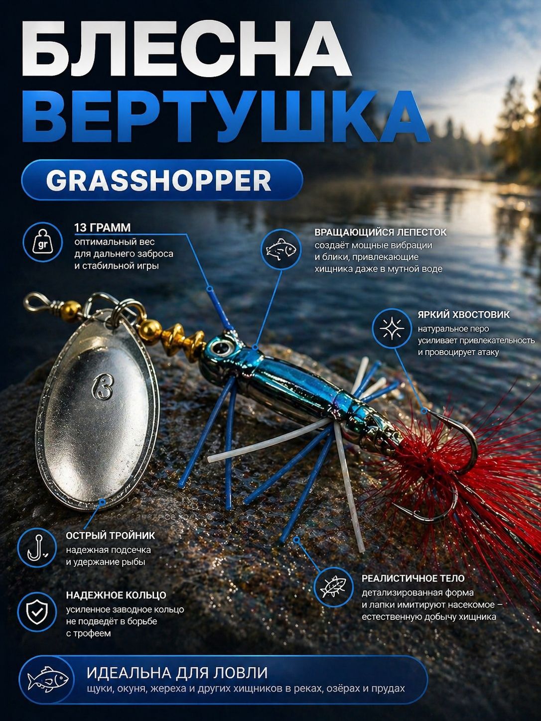Блесна вертушка GRASSHOPPER на щуку и окуня 13 гр.