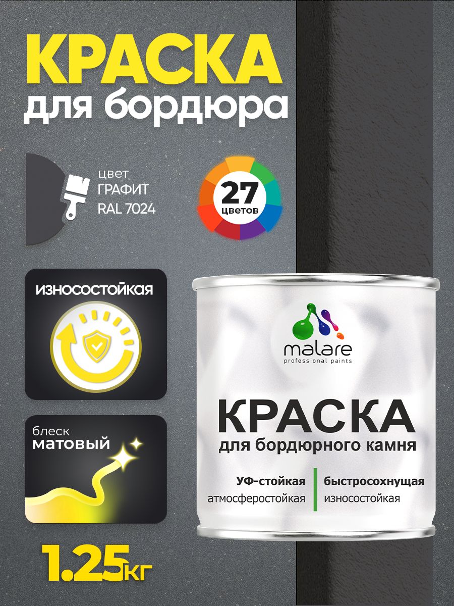 Краска Malare для бордюрного камня, тротуарных камней и плит, износостойкая, быстросохнущая, матовая RAL 7024, графитово-серый(темный), 1,25 кг