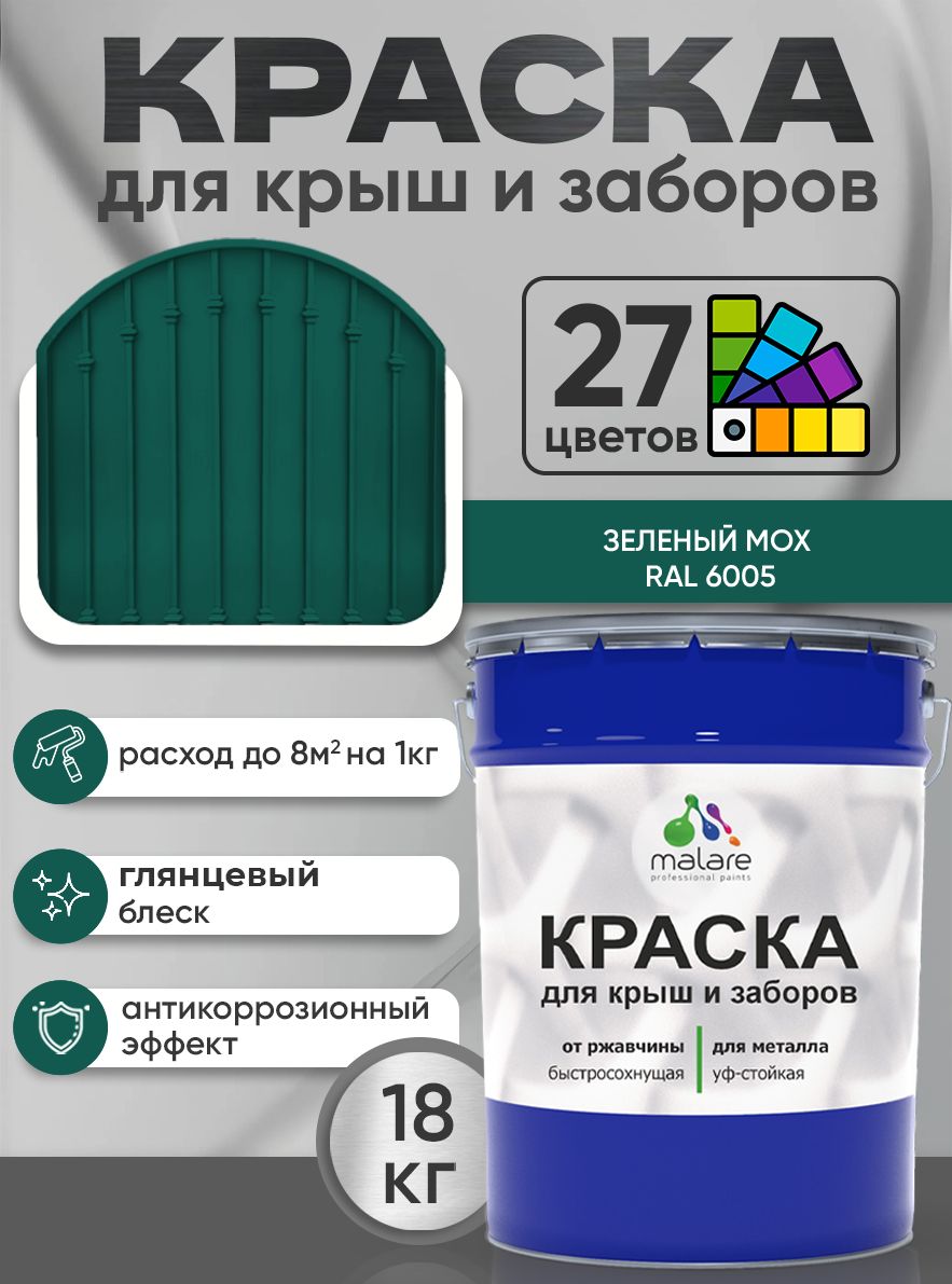 Краска по металлу Malare для крыш и заборов по ржавчине, для наружных работ, быстросохнущая износостойкая RAL 6005 зелёный мох, глянцевая, 18 кг