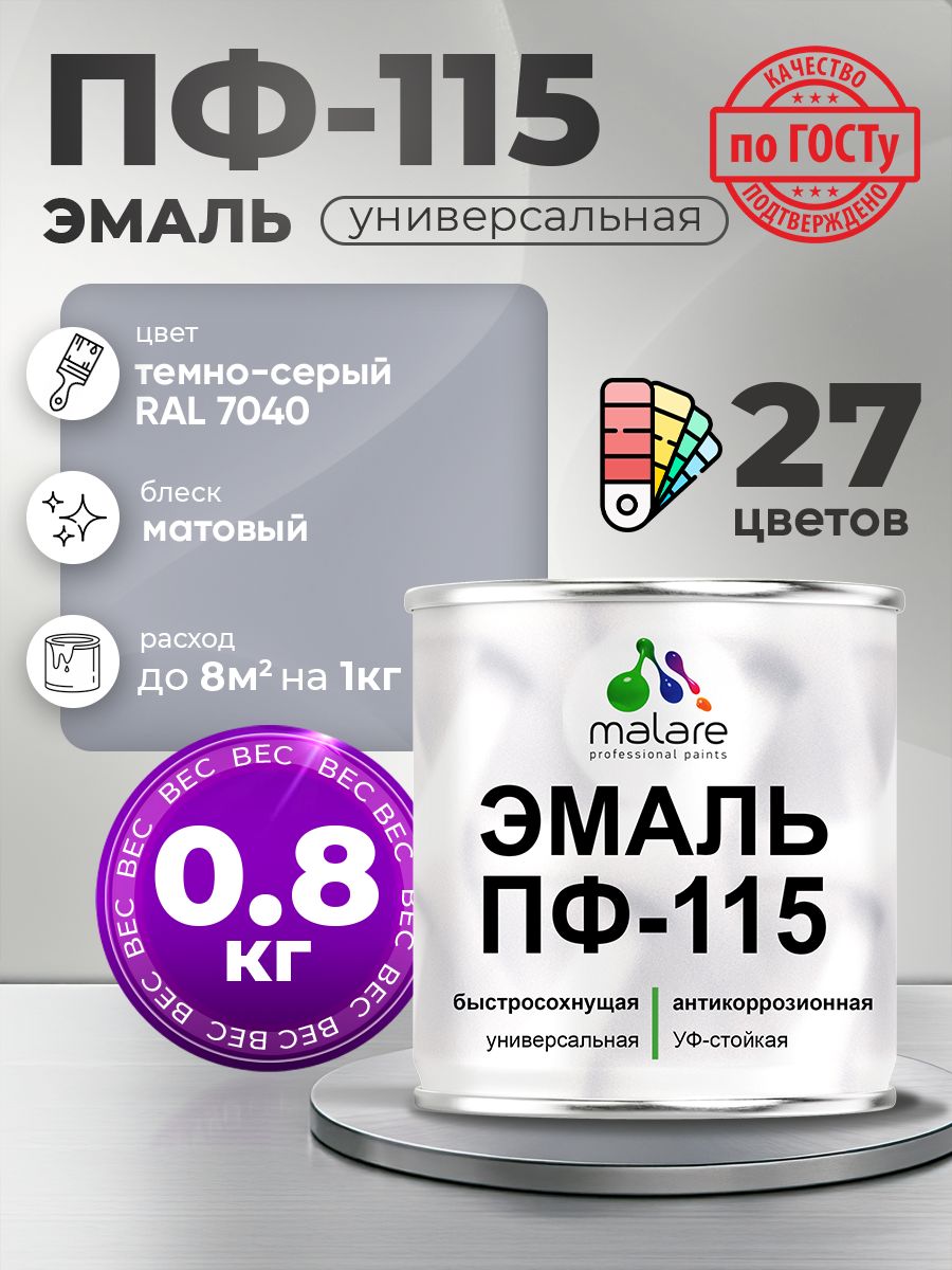 Эмаль Malare ПФ-115 краска для металла по дереву для минеральных поверхностей для внутренних и наружных работ антикоррозионная быстросохнущая, RAL 7040, темно-серый, матовая, 0,8 кг