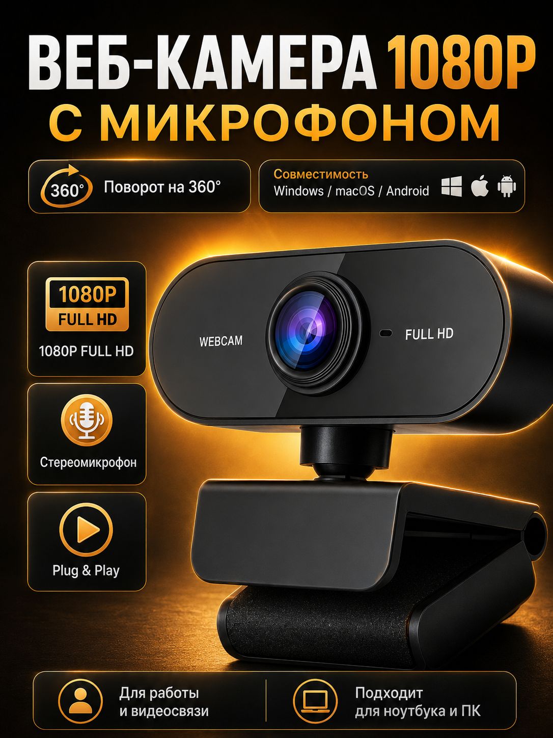 Web-камера с микрофоном Веб камера для ПК 1080 с микрофоном, черный матовый
