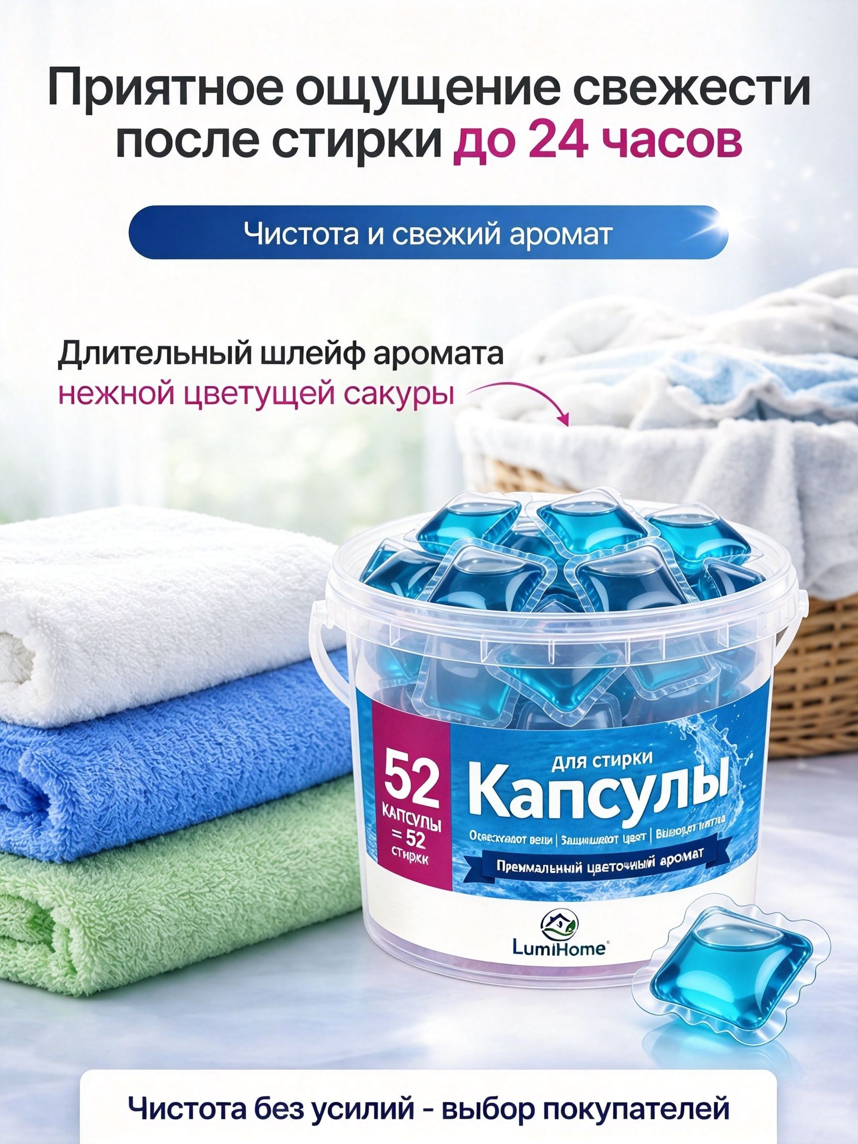Капсулы для стирки белья LumiHome, Свежесть Океана, 52 шт — фото 5