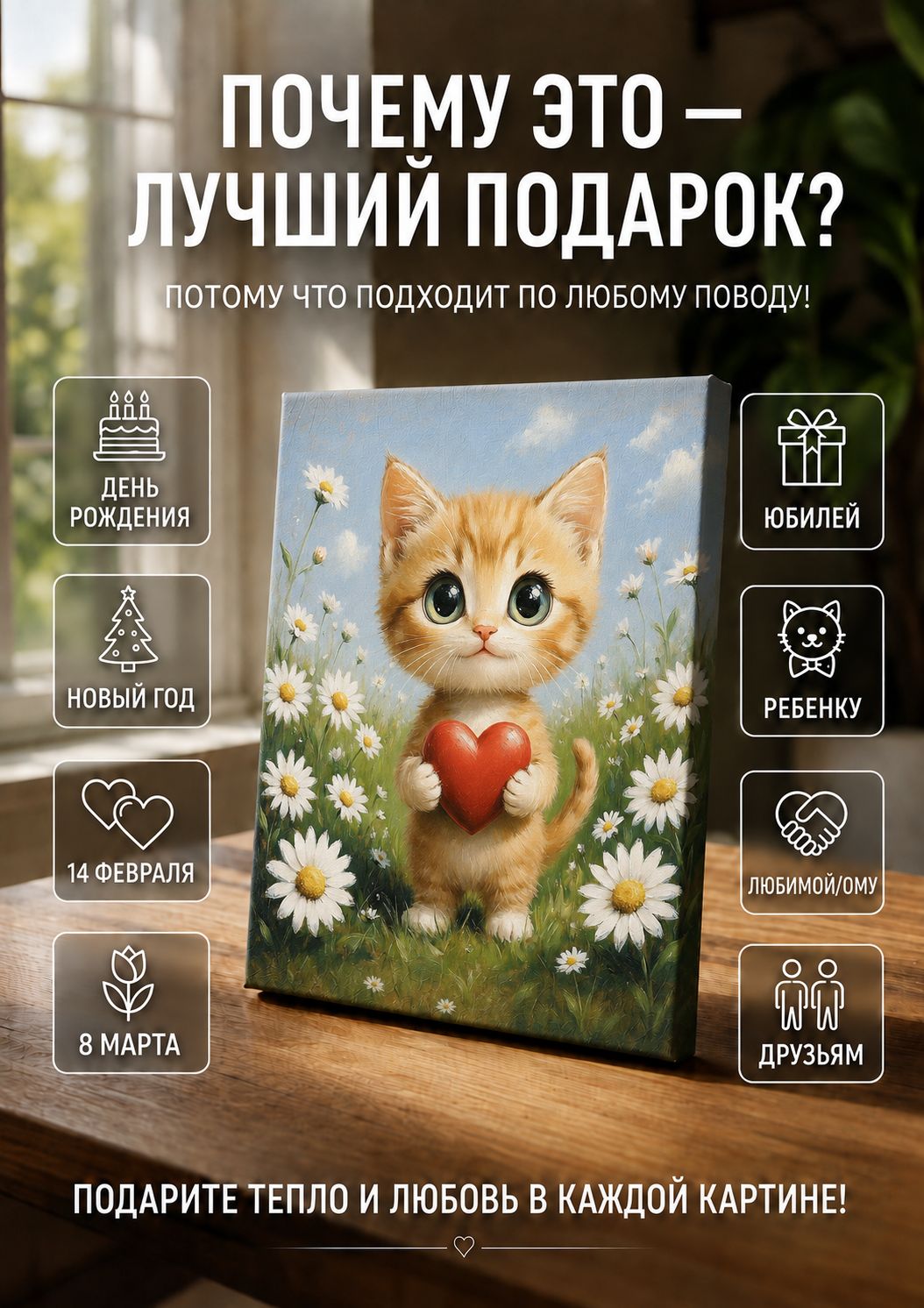 Котик с сердечком в ромашках