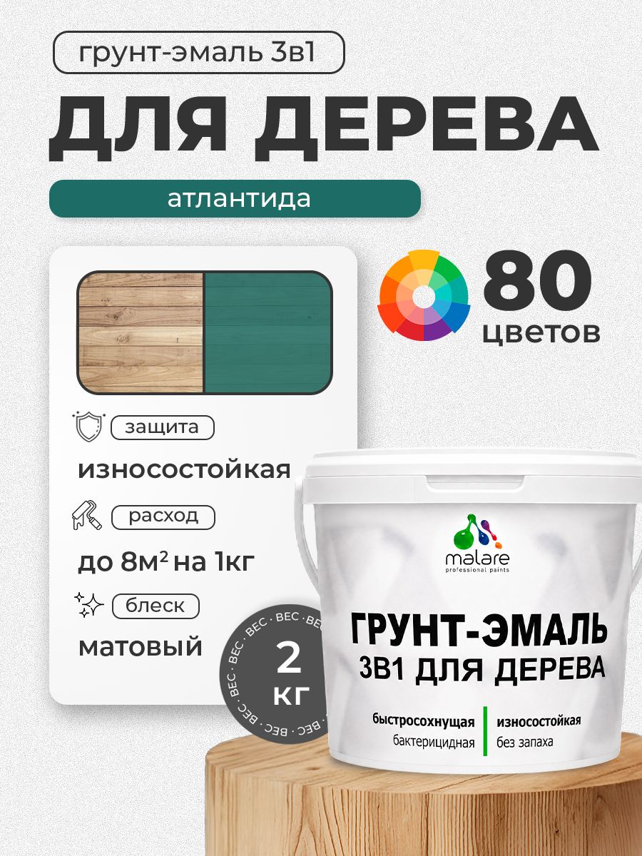 Акриловая Грунт-Эмаль 3 в 1 Malare для деревянных поверхностей с антисептическим эффектом, быстросохнущая, моющаяся без запаха матовая, атлантида, 2 кг