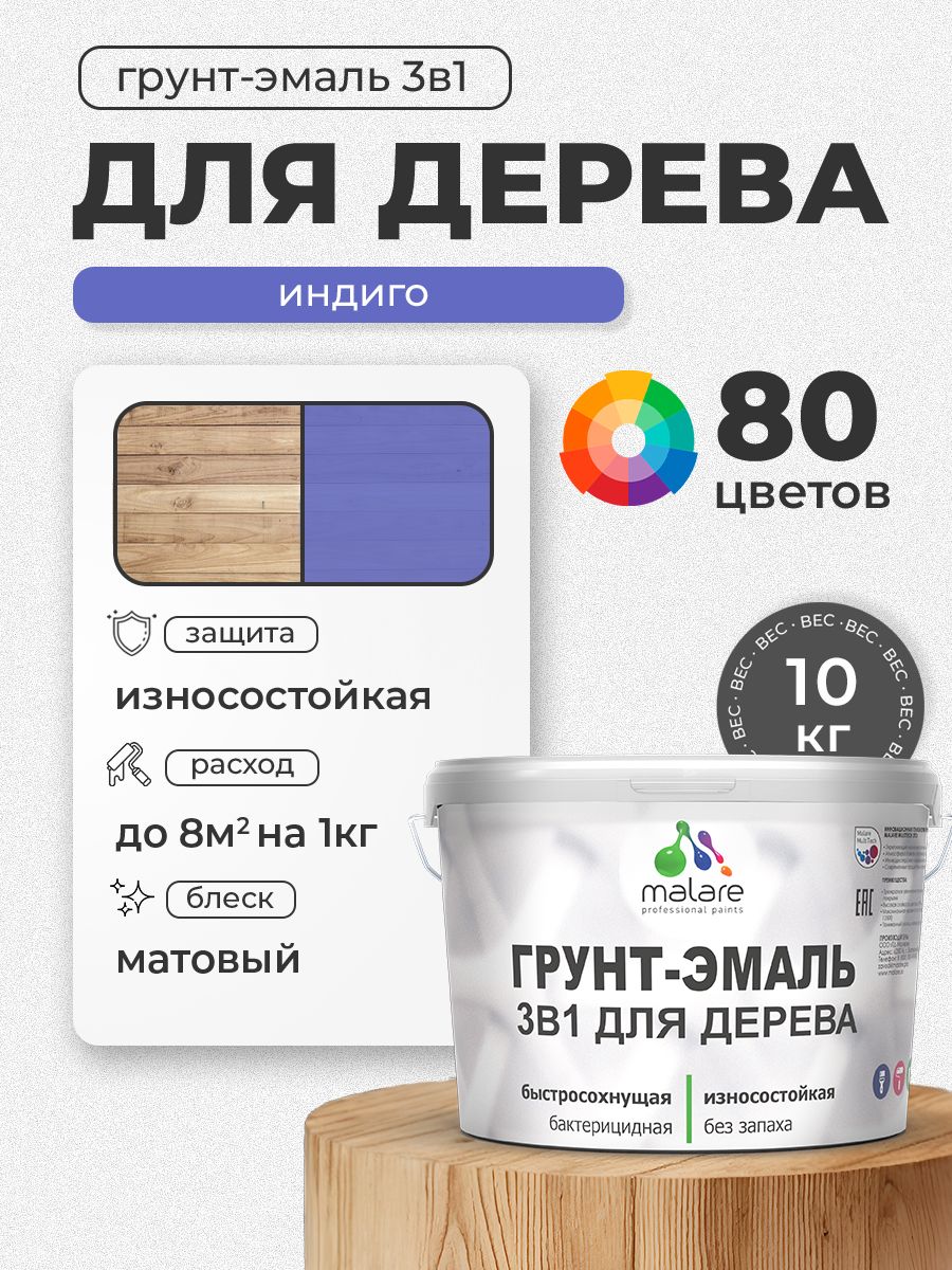 Акриловая Грунт-Эмаль 3 в 1 Malare для деревянных поверхностей с антисептическим эффектом, быстросохнущая, моющаяся без запаха матовая, индиго, 10 кг