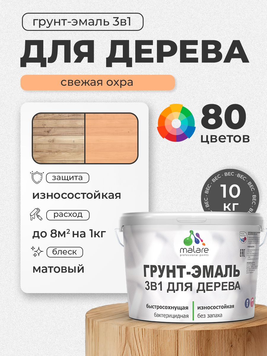 Акриловая Грунт-Эмаль 3 в 1 Malare для деревянных поверхностей с антисептическим эффектом, быстросохнущая, моющаяся без запаха матовая, свежая охра, 10 кг