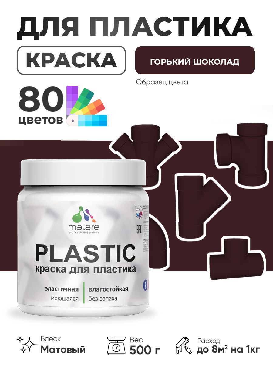 Акриловая краска для пластика Malare Plastic для пенопласта ПВХ сайдинга, для подоконников и откосов, быстросохнущая без запаха, матовая, горький шоколад, 0.5 кг