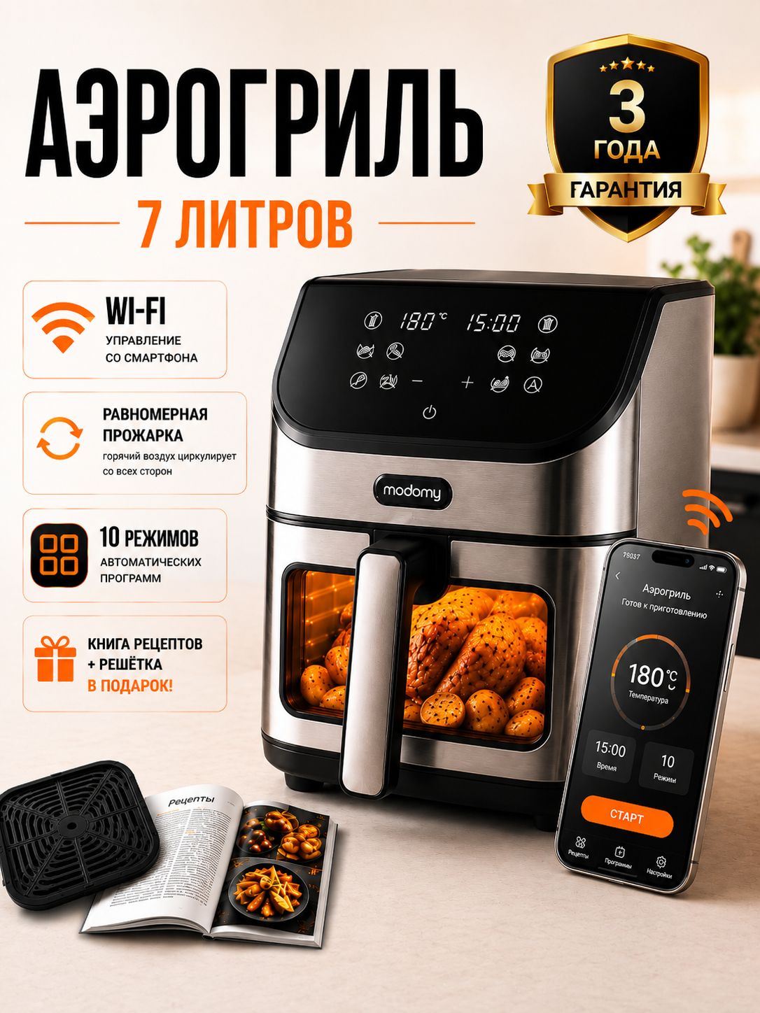MODOMY Аэрогриль электрический, 7 л, с WiFi, смотровым окном и подсветкой, 10 программ