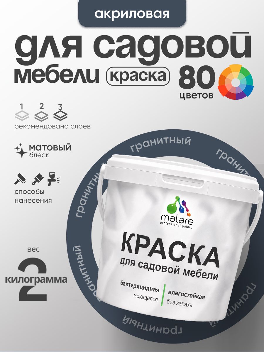 Акриловая краска Malare для садовой мебели/ по дереву, для наружных и внутренних работ/ быстросохнущая моющаяся без запаха матовая, гранитный, 2 кг