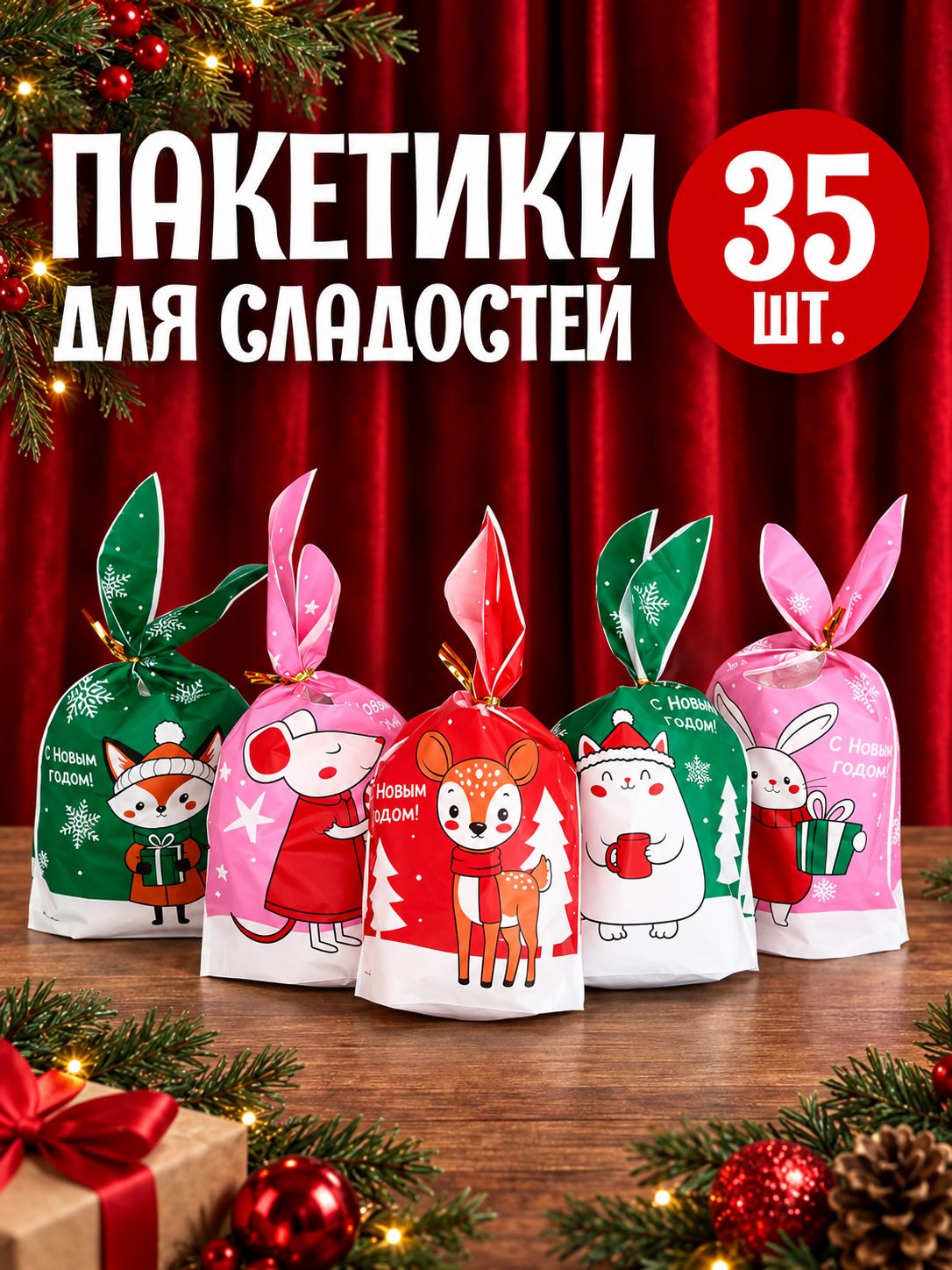 Новогодние пакеты подарочные, набор 35 штук, 13,5 х 22 см