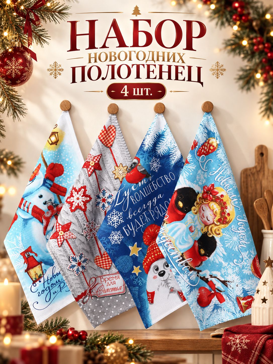 Новогодние полотенца кухонные "С новым счастьем" 35х60 см - 4 шт., 100% хлопок, 160 г/м