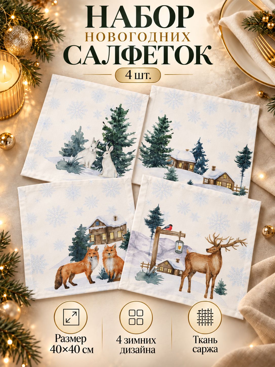 Салфетки сервировочные "Forest animals" 40х40 см - 4 шт., 100% хлопок