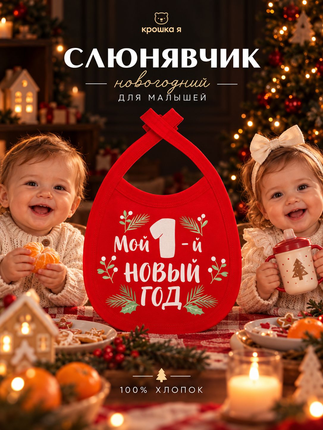 Слюнявчик детский новогодний Крошка Я Мой первый Новый год, 18-13 см, красный