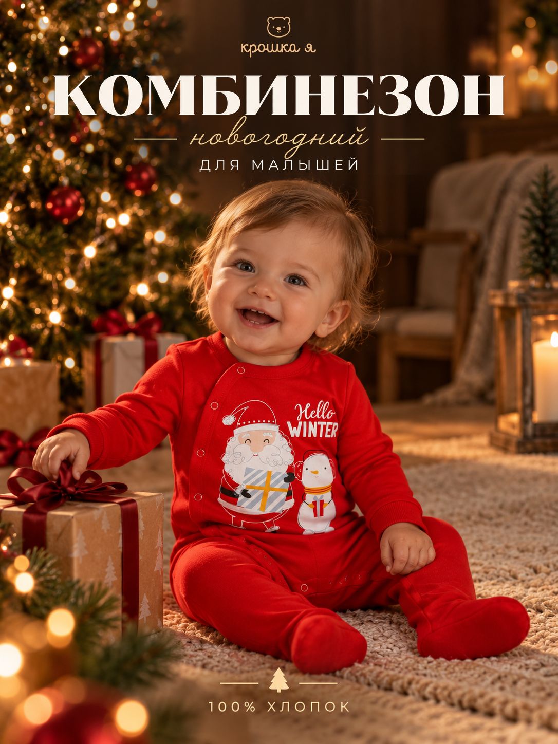 Комбинезон детский новогодний Крошка Я Happy Winter , слип для мальчика и девочки, рост 74-80 см, красный