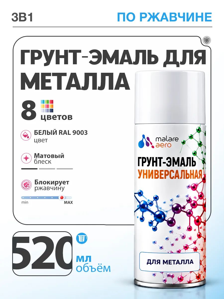 Грунт-эмаль по ржавчине Malare краска по металлу, матовая, RAL 9003 белый, 520мл
