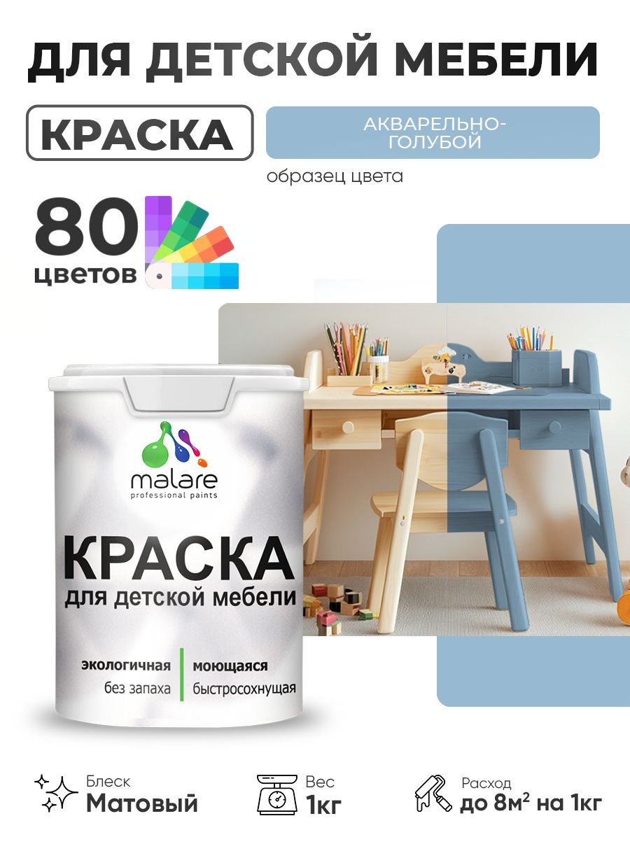 Акриловая краска Malare для детской мебели, мебели из дерева, моющаяся, быстросохнущая без запаха матовая, акварельно-голубой, 1 кг.