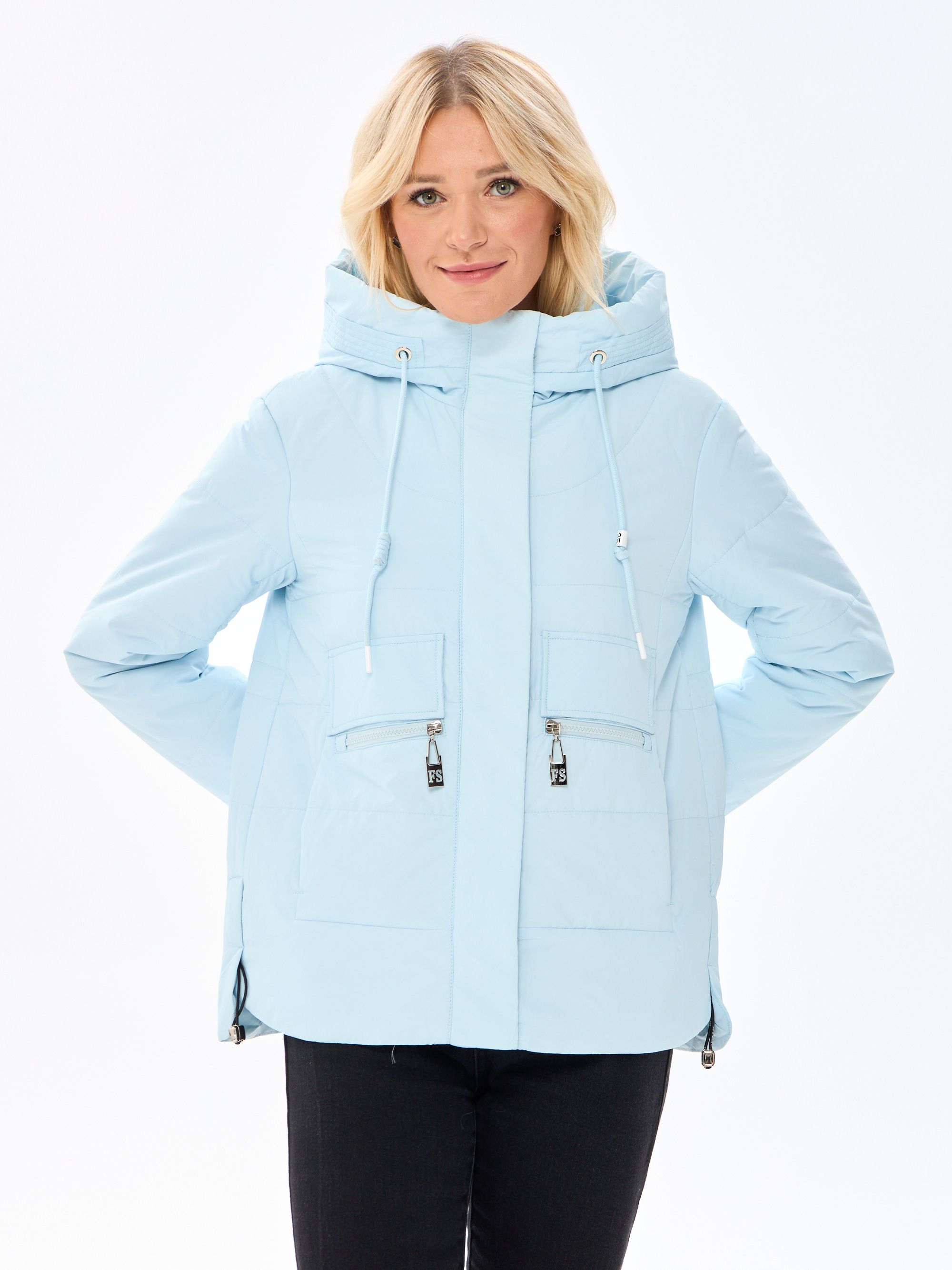 Куртка Женский Jing Rui Карманы голубой капюшон Полиэстер, размер 46 ...