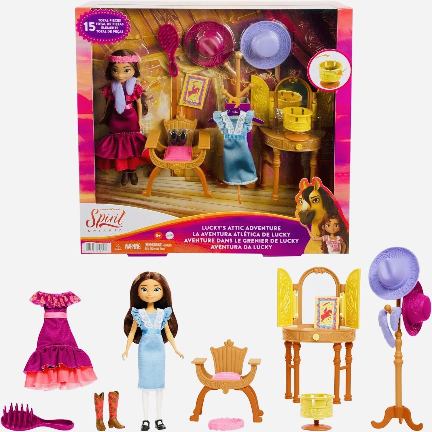Игровой набор Mattel Приключения Лаки на Чердаке из мультфильма Спирит Непокорный Кукла Лаки (17.78 см) с Комодом, Стулом, Вешалкой, Зоотропом, Дополнительным Нарядом, Сапогами и Аксессуарами!