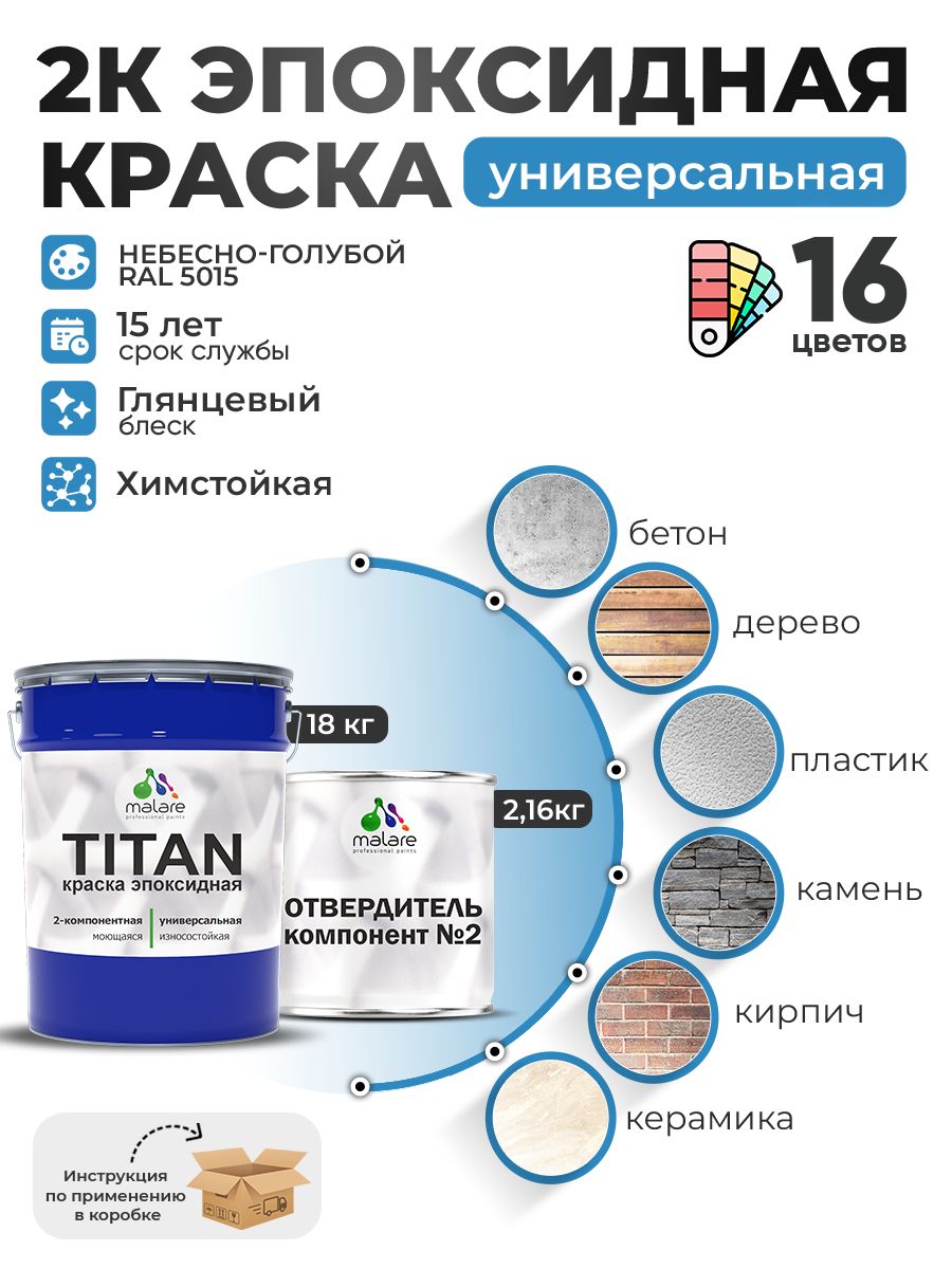 2К Эпоксидная краска Malare TITAN универсальная, двухкомпонентная влагостойкая высокопрочная износостойкая, RAL 5015 небесно-голубой, глянцевая, (18 кг + 2,16кг отвердитель)