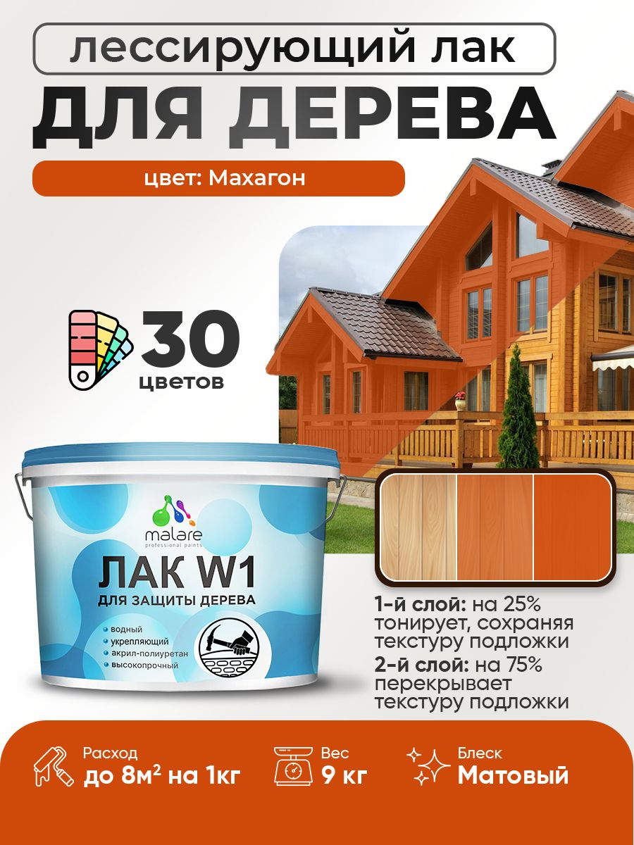 Лак колерованный тонирующий для дерева Malare W1 для деревянных и минеральных поверхностей, моющийся без запаха быстросохнущий, матовый, махагон, 9 кг.