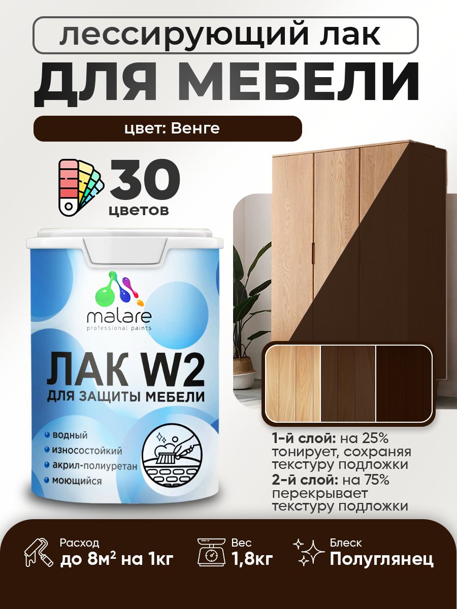 Лак колерованный тонирующий лак для мебели Malare W2 для кухонных фасадов, для дерева и минеральных поверхностей, акриловый быстросохнущий без запаха, полуглянцевый, венге, 1.8 кг.