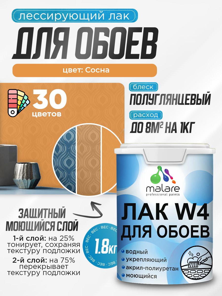 Лак колерованный тонирующий для защиты обоев Malare W4 универсальный для дерева и минеральных поверхностей, водный без запаха быстросохнущий, полуглянцевый, сосна, 1.8 кг.