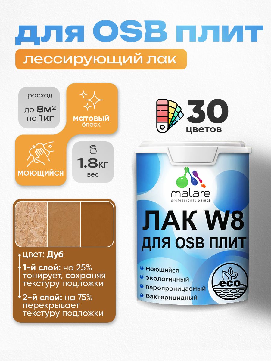 Лак колерованный тонирующий для защиты ОСБ плит Malare W8 для дерева и минеральных поверхностей, паропроницаемый водный без запаха, матовый, дуб, 1.8 кг.