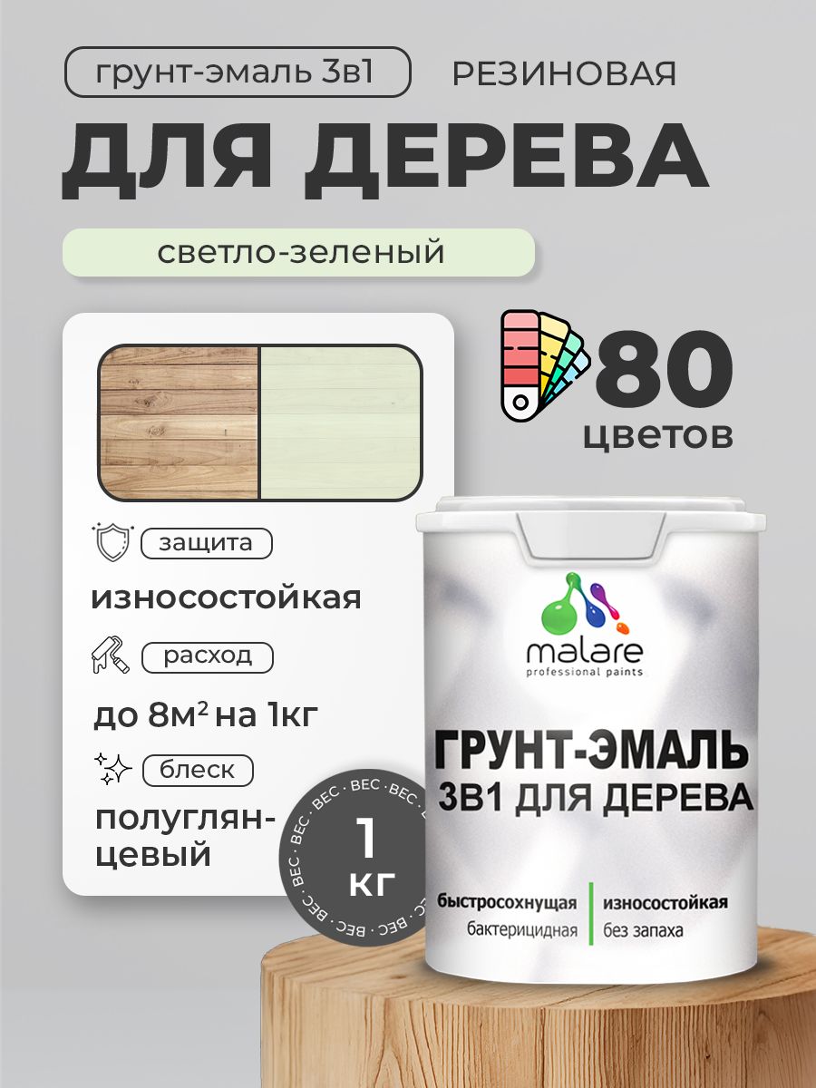Латексная Грунт-Эмаль 3 в 1 Malare для деревянных поверхностей с антисептическим эффектом, быстросохнущая моющаяся без запаха полуглянцевая, светло-зеленый, 1 кг