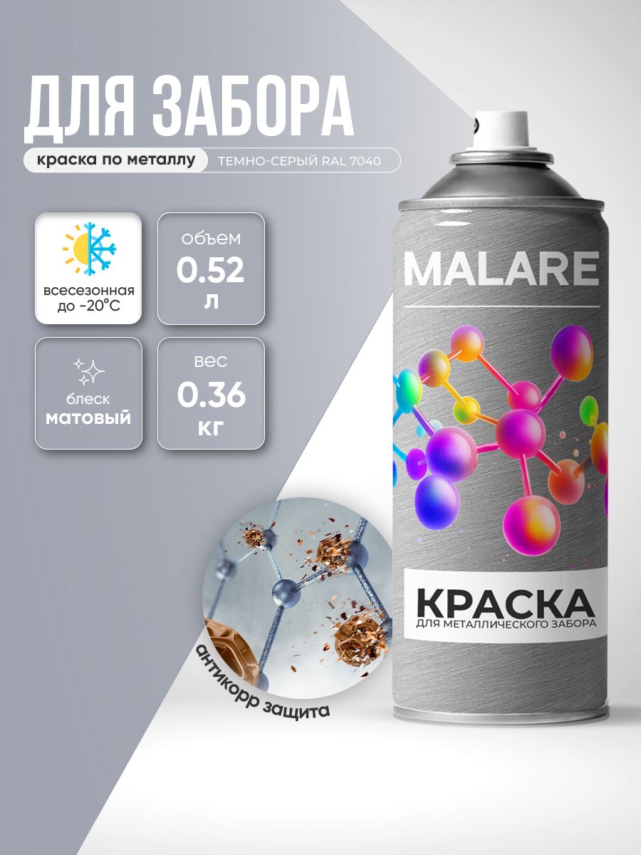 Аэрозольная краска по металлу Malare для крыш и заборов по ржавчине, для наружных работ, быстросохнущая износостойкая, матовый, темно-серый, 520 мл