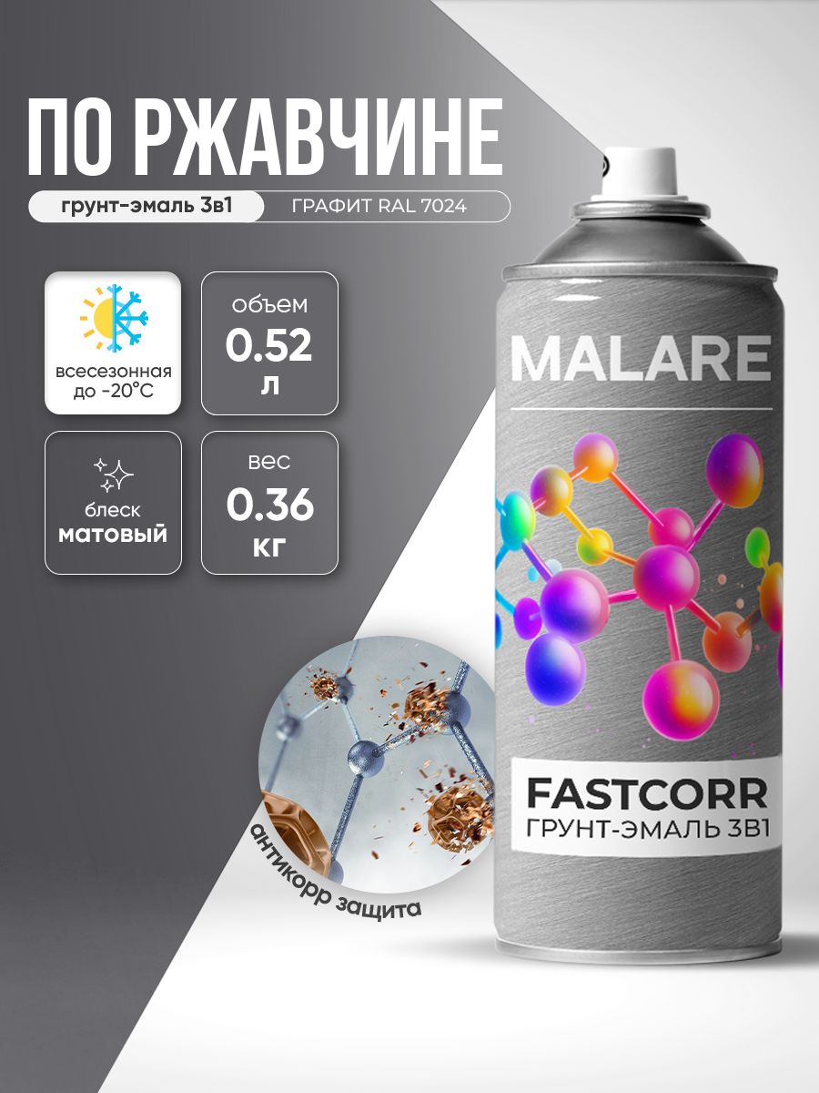 Аэрозольная грунт-эмаль по ржавчине 3 в 1 Malare FastCorr краска для металла, антикоррозионная износостойкая быстросохнущая RAL 7024, графитово-серый(темный), матовая, 520 мл.