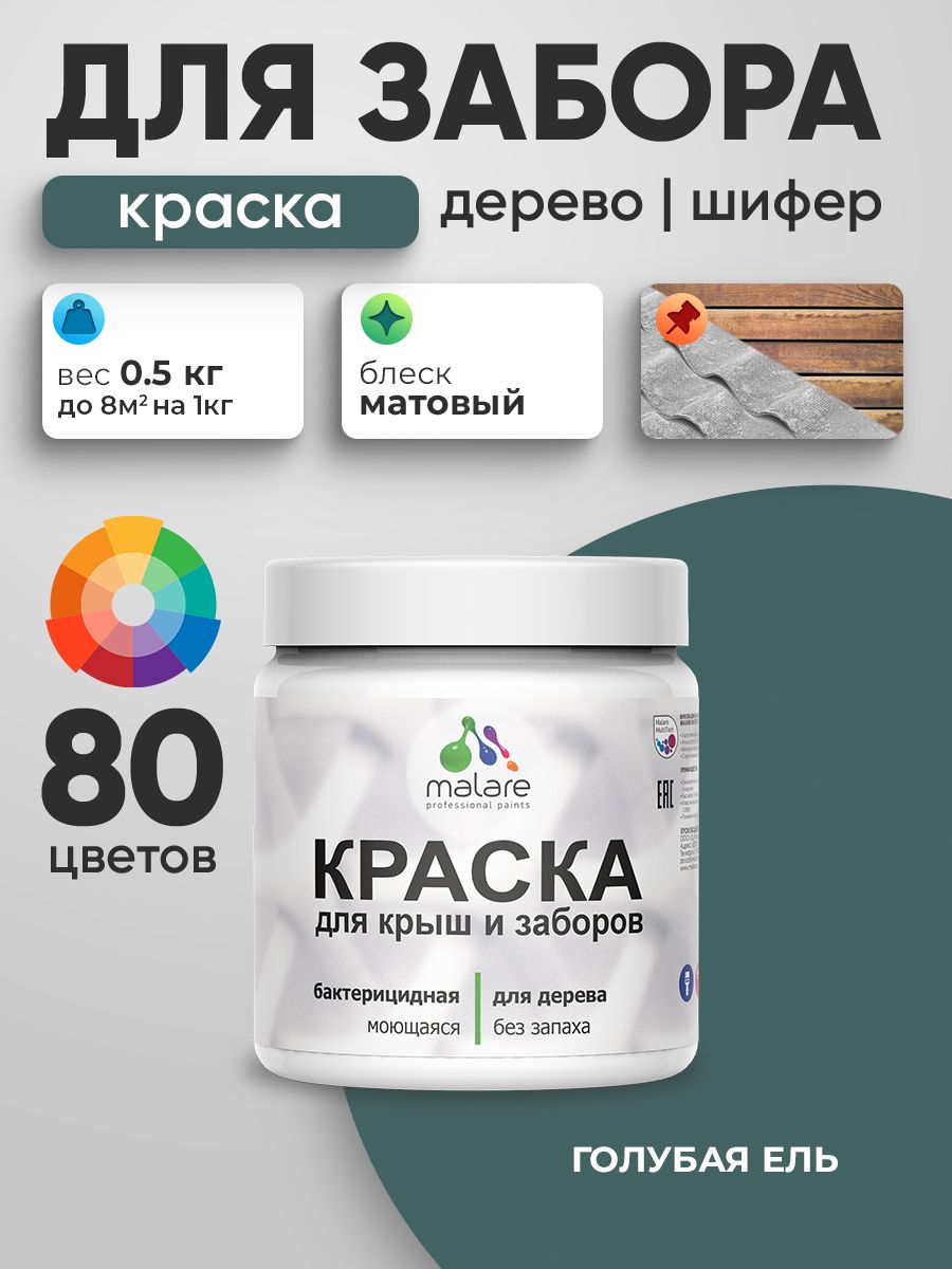 Акриловая краска Malare для деревянного забора/ по дереву для наружных и внутренних работ/ быстросохнущая моющаяся без запаха, матовая, голубая ель, 0.5 кг.