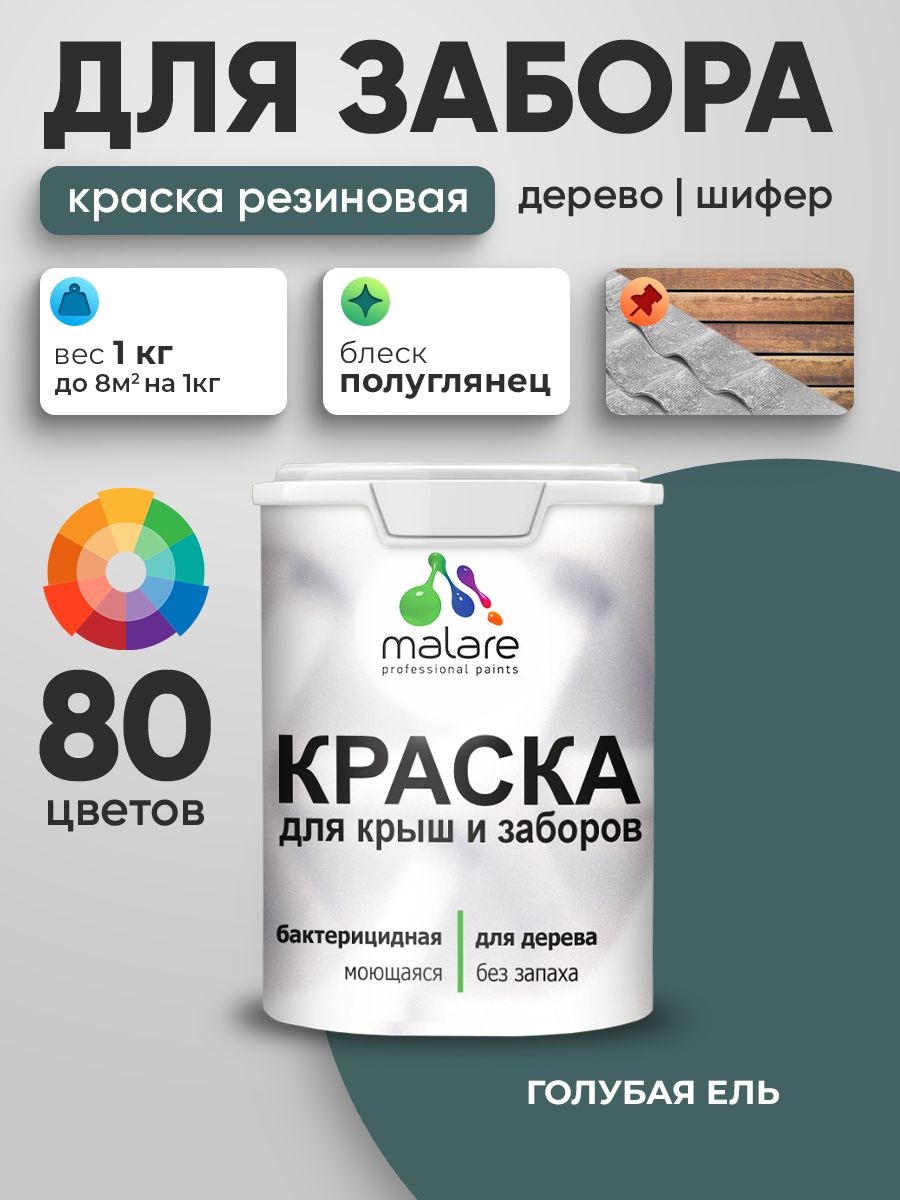 Резиновая краска Malare для деревянного забора/ по дереву для наружных и внутренних работ/ быстросохнущая моющаяся без запаха полуглянцевая, голубая ель, 1 кг.