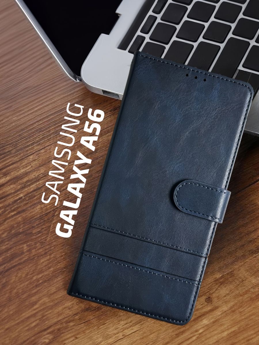 Чехол-книжканаSamsungGalaxyA56/ЧехолнаСамсунгА56cмагнитнойзастежкой,cхлястиком,отделениемподкартыидекоративнойстрочкой,синий