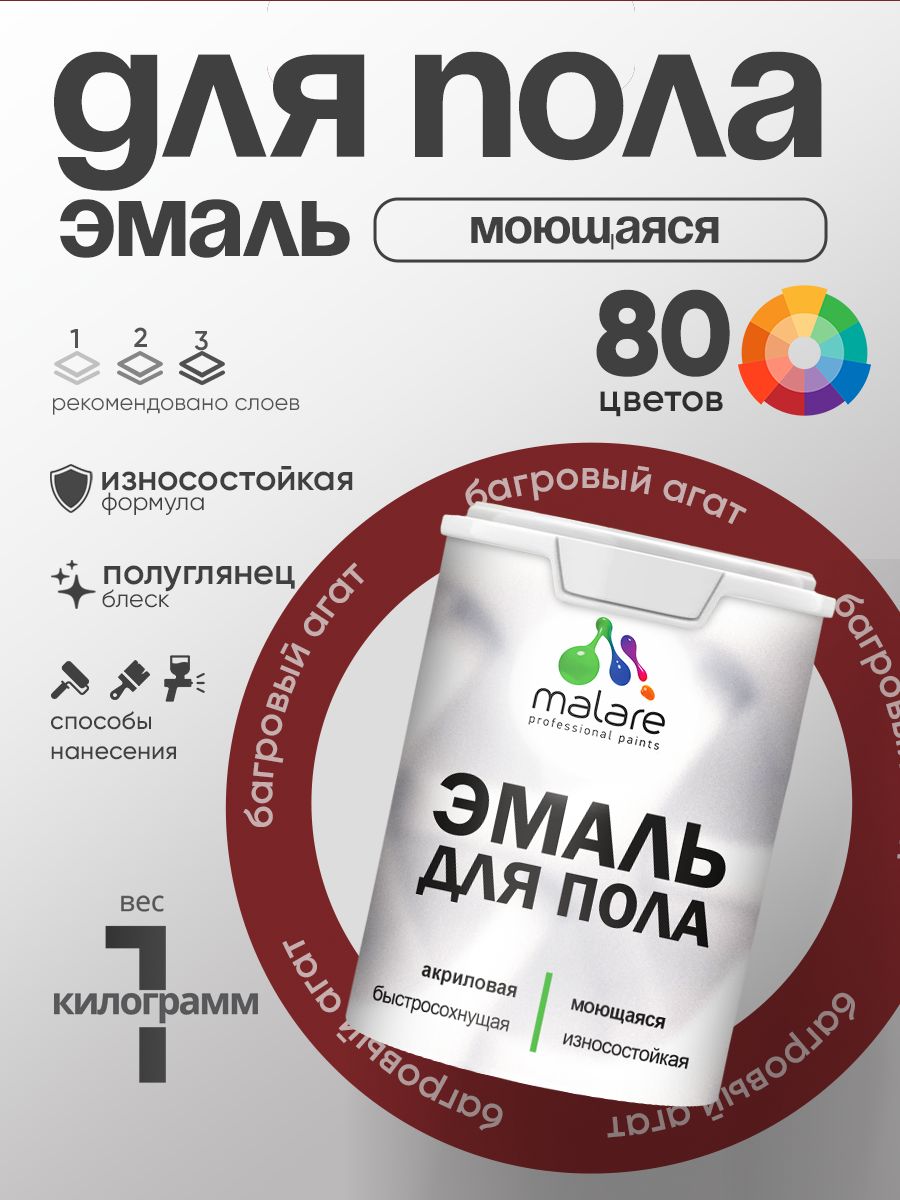 Эмаль для пола акриловая Malare краска для бетонных полов по дереву/ износостойкая без запаха, быстросохнущая моющаяся полуглянцевая, багровый агат, 1 кг
