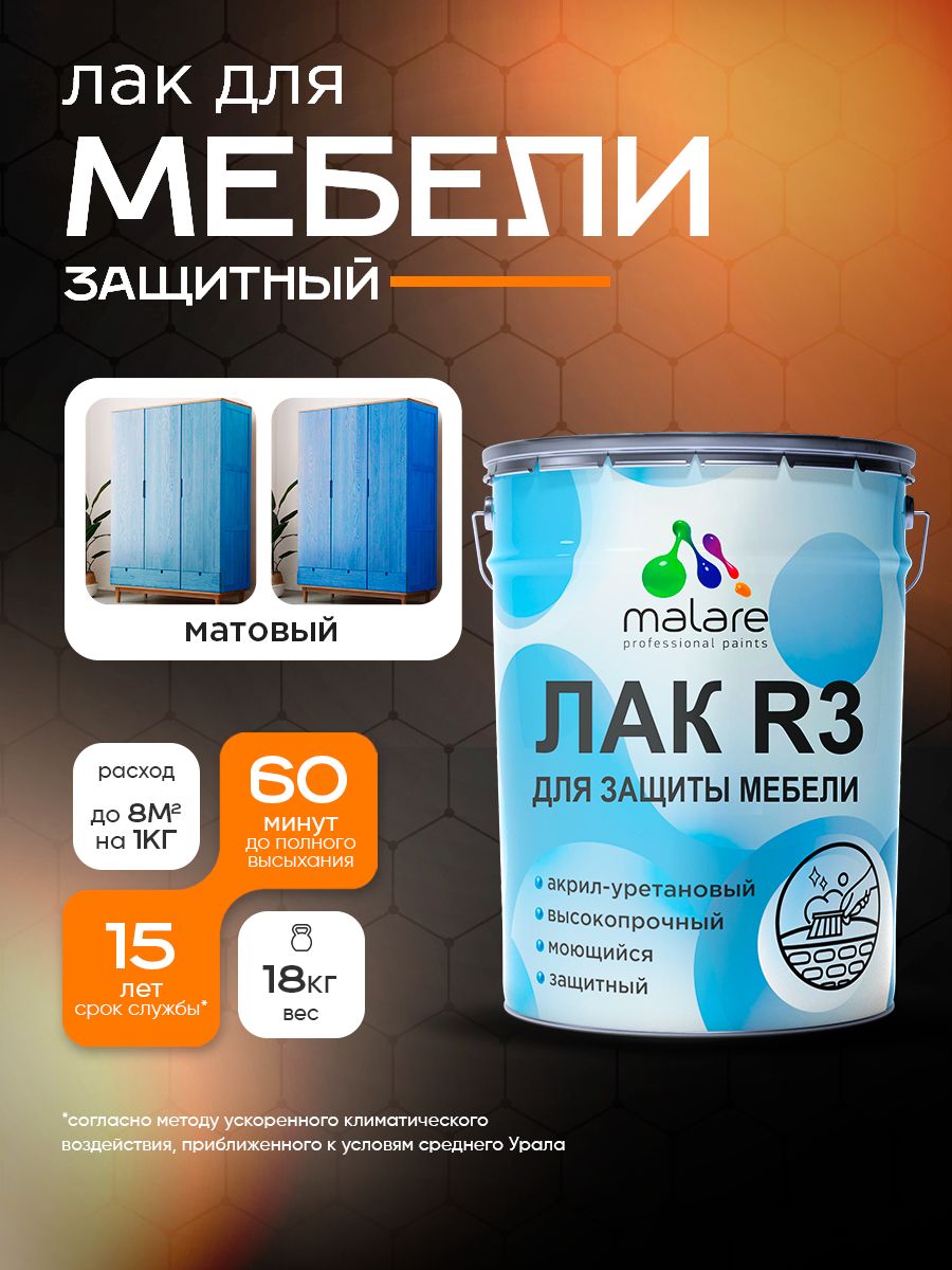 Лак для мебели Malare акрил-уретановый высокопрочный моющийся, универсальный для любых поверхностей, прозрачный матовый, 18 кг