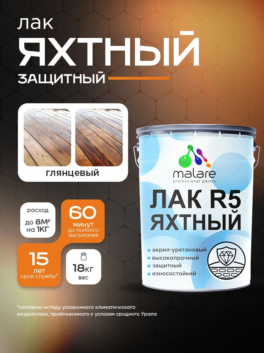 Яхтный лак Malare R5 Professional для дерева металла и минеральных поверхностей, износостойкий, акрил-уретановый, универсальный, прозрачный глянцевый, 18 кг.
