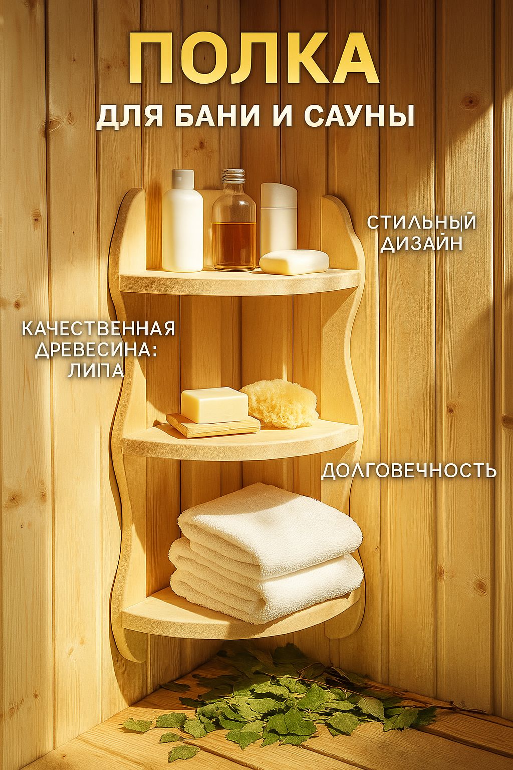 Полка для бани угловая фигурная 3 яруса 26*65*26см, липа "Добропаровъ", Экстра