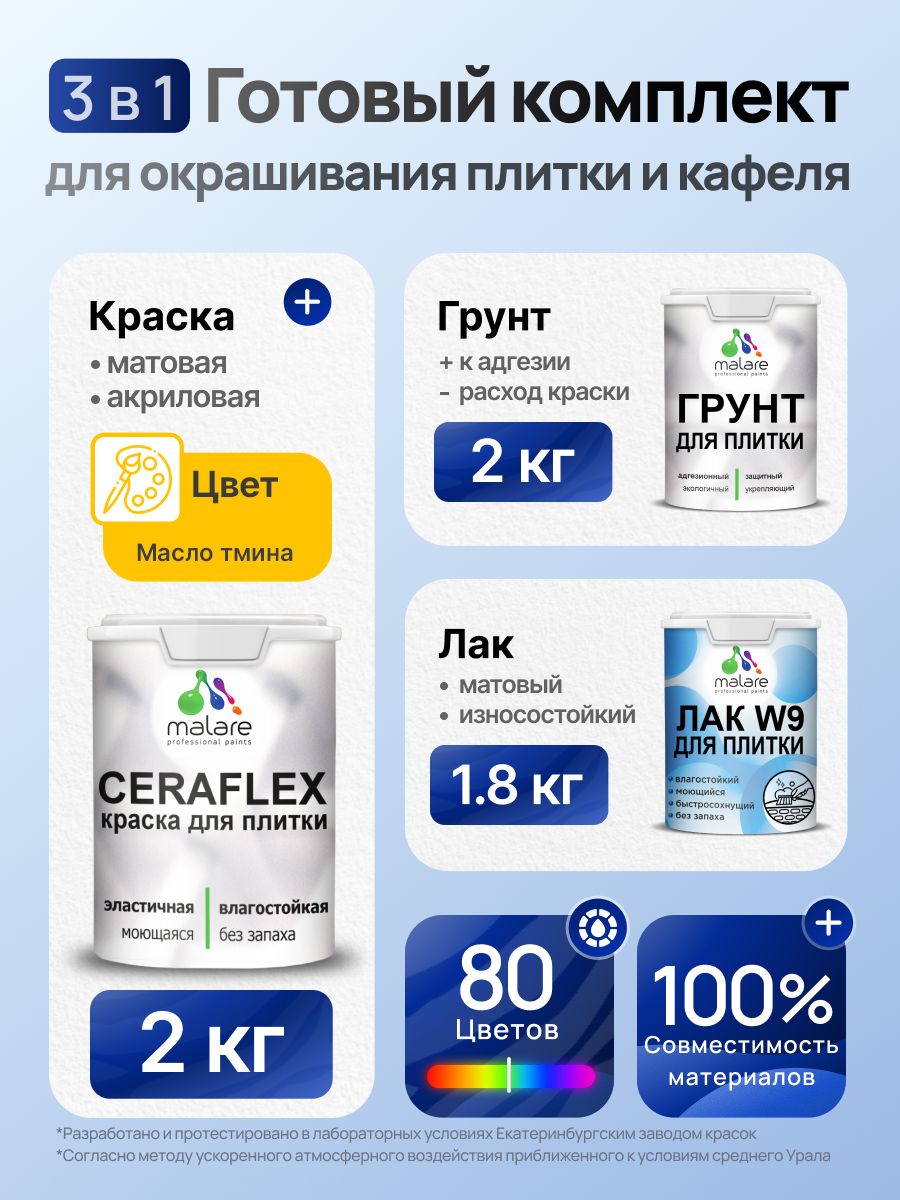 Комплект Malare LIPPO для окрашивания плитки и кафеля (2кг грунт + 2кг краска + 1.8кг лак), акриловый, без запаха, быстросохнущий, матовый, цвет масло тмина