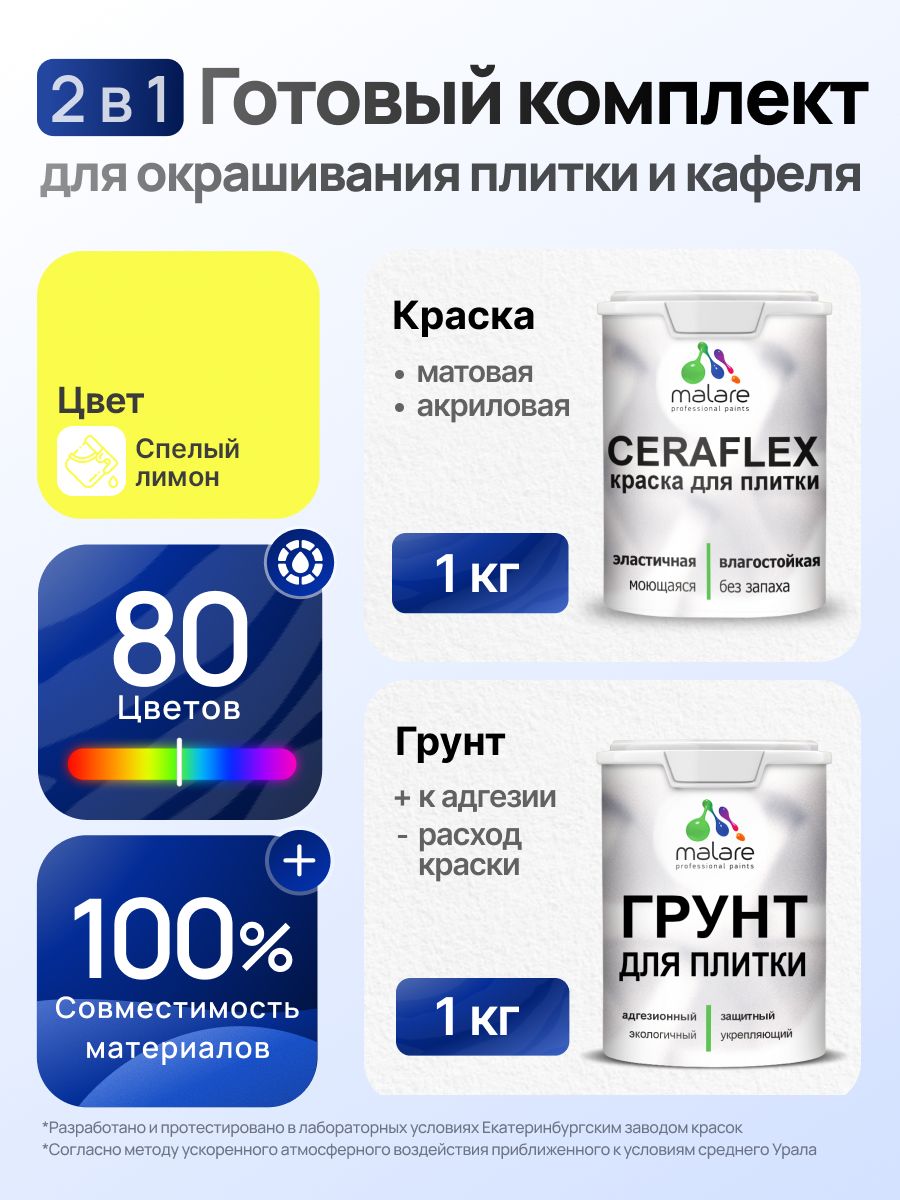 Комплект Malare LIPPO для окрашивания плитки и кафеля (1кг грунт + 1 кг краска), акриловый, без запаха, быстросохнущий, матовый, цвет спелый лимон