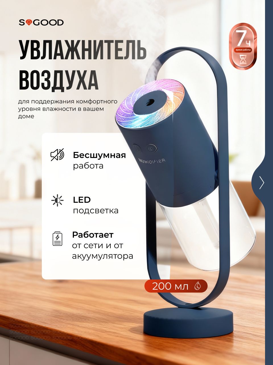 Увлажнитель воздуха для дома настольный с подсветкой 200 мл, синий